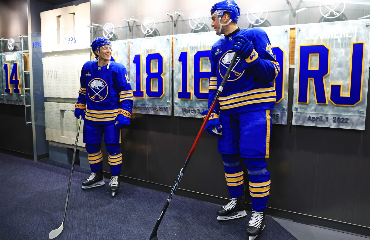Peyton Krebs and Louis Crevier of the Buffalo Sabres before entering the ice.